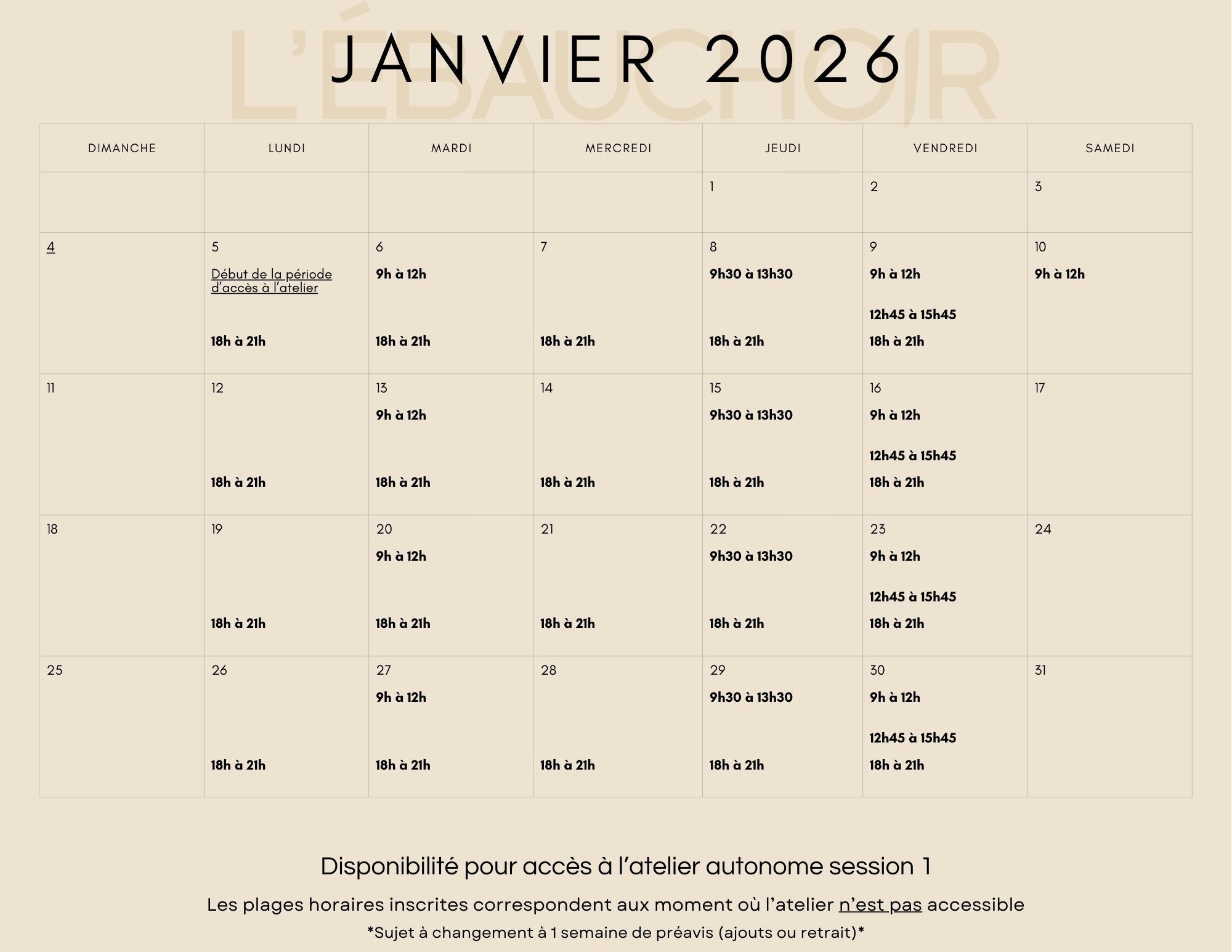 horaire  d'accessibilité Janvier 2026
